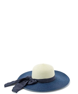 Embroidered Trim Matching Bow Straw Summer Hat HA320090 BLUE